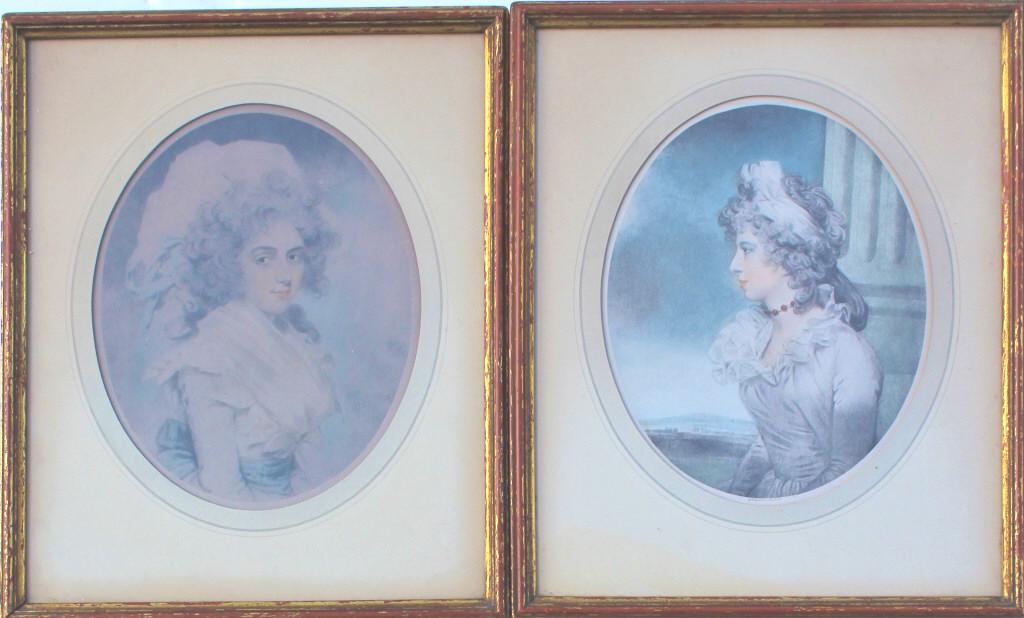 After John Downman (1750 - 1824) note label Verso: After John Downman (1750 - 1824) note label Verso. . Title: 2 woman portraits. Medium: mezzatint. Artist: John Downman (1750 - 1824). Framed.