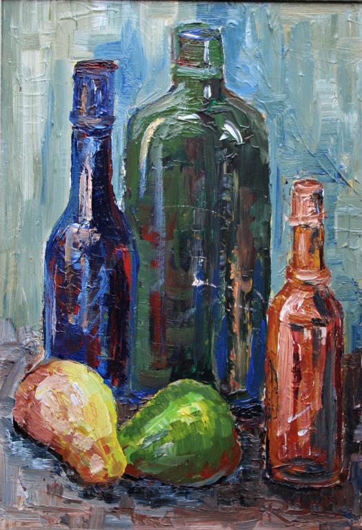 D Russel, Still Life with Fruit: Still Life with Fruit and wine bottles. Still Life with fruit and wine bottles. Signed R(with a line). FR 19.5 x 14.5. Title: Still life. Medium: Oil on Masonite. Size: 15.5 x 10.75 in. Signature: SLR