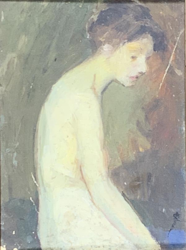 School of John Sloan, Sitting nude model: School of John Sloan, Sitting nude model. Frame size: 8.75 x 6.50. Title: Sitting nude model. Medium: Oil on Board. Size: 8 x 6 in. Signature: Unsigned. Artist: School of John Sloan. Framed.