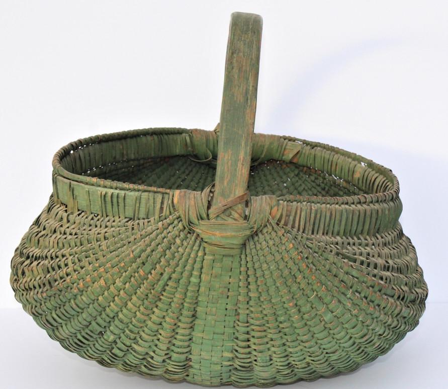 Green painted Basket. . Title: Green Hand Basket. Medium: Wood. Size: 11.5 x 13 in.  Unframed. (1 of 3)