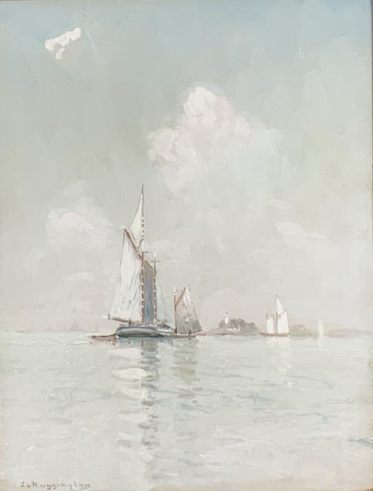 Illegible, Sailboats on the water, gouache xxm. scenic, SLL. Title: Sail boats and clouds. Medium:: Illegible, Sailboats on the water, gouache xxm. scenic, SLL. Title: Sail boats and clouds. Medium: Gouache. Signature: SLL. Artist: Illegible. Framed.