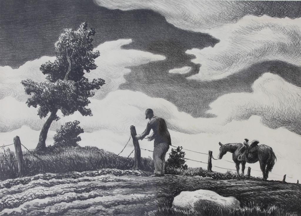 Thomas Hart Benton: "Fence Mender" - Lithograph.  Lithograph, 1941, of a man and a horse by a (1 of 4)