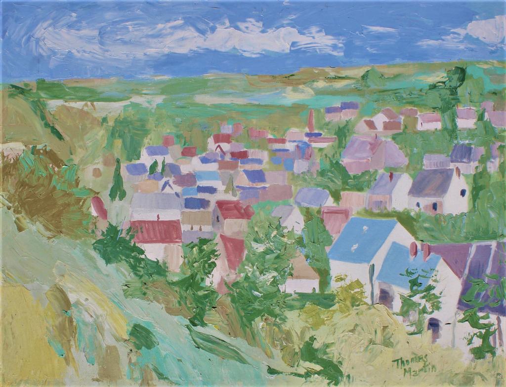 Thomas Martin, Town in the Valley, Impressionistic.  Colorful roof tops and church steeple show a (1 of 10)