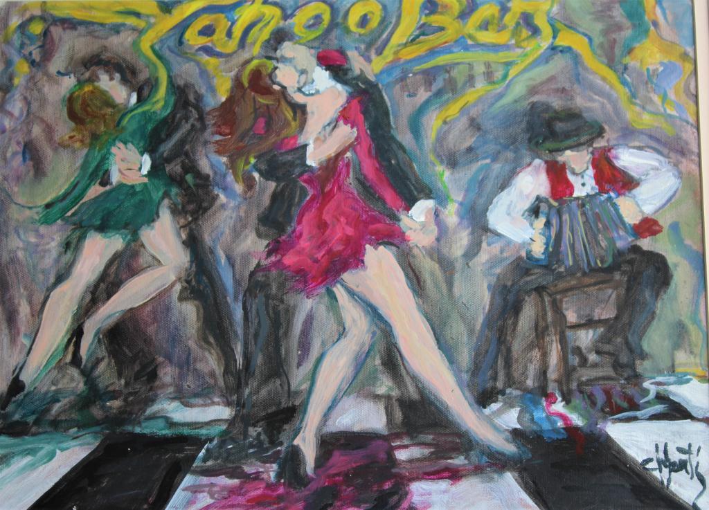 Dancing at the Yahoo Bar, illegible XXX.  FR: 23.14 x 27.5. Title: Yahoo Bar. Medium: Oil on Board. (1 of 5)