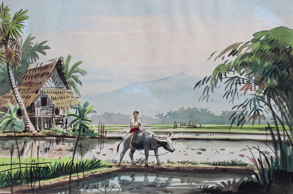 A B Ibrahim, Malaysian, farming scene.  A B Ibrahim (1925 - 1977) was active/lived in  Malaysia.  A (1 of 4)