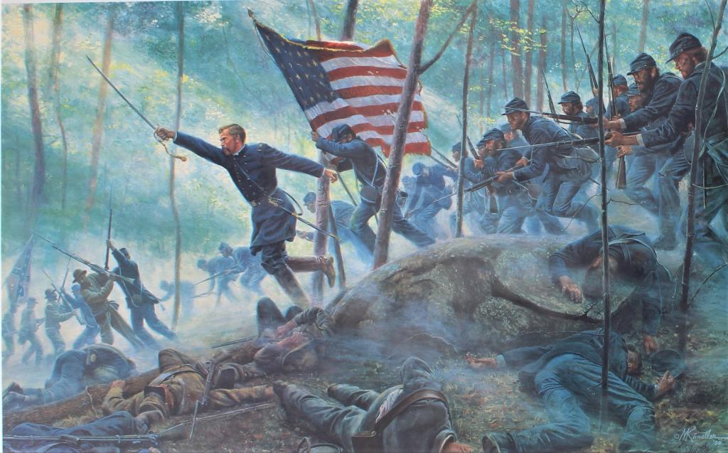 Mort Kunstler. . Title: Chamberlain Charge. Medium: print Signature: SLR. Artist: Mort (1 of 6)