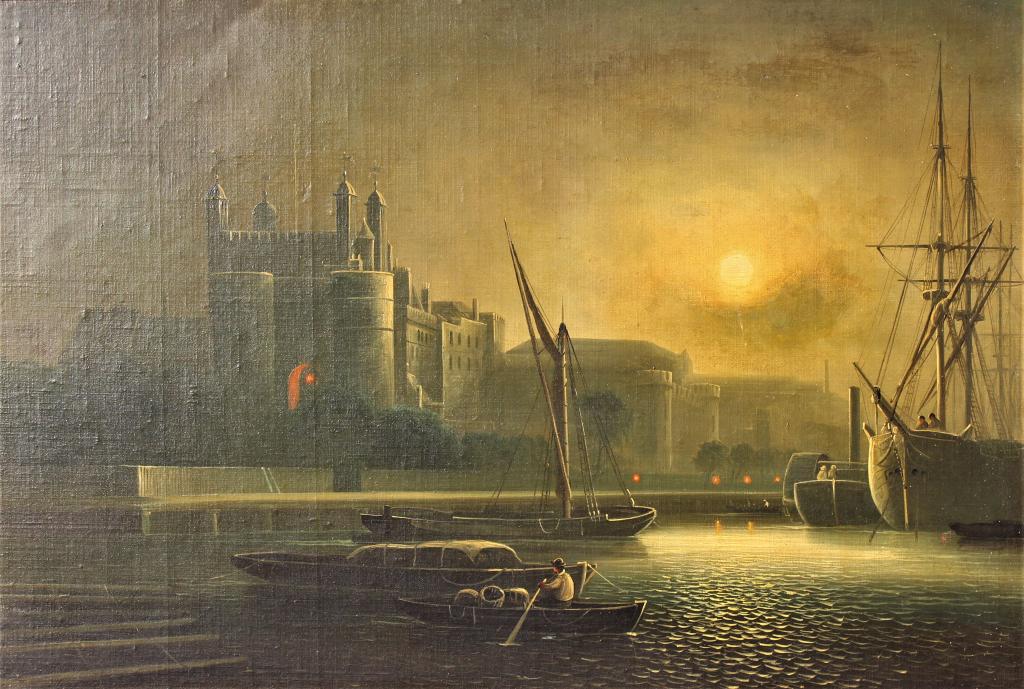 Port at dusk.  FR: 33 x 23. Title: Port at dusk. Medium: Oil on Board. Size: 19.5 x 29 (sight) in. (1 of 4)