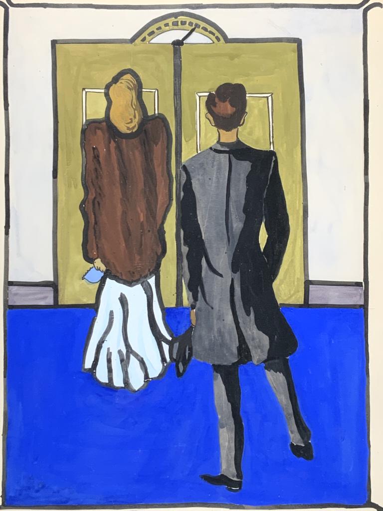 The Prom, Waiting for the Elevator.  illustration for that special night. Frame:  26.75 x 19.50. (1 of 6)