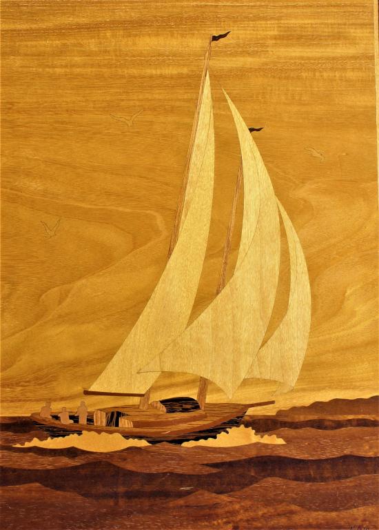 Wood mosaic sailboat painting. . Title: Wood mosaic sailboat painting. Medium: Wood. Signature: SLR.: Wood mosaic sailboat painting. Title: Wood mosaic sailboat painting. Medium: Wood. Size: 17 x 12 (image) Signature: SLR. Framed. Frame size 23 x 18