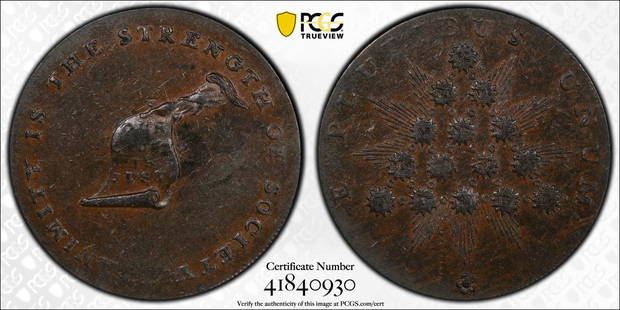 1790s Token Kentucky Cent Plain Edge, BN AU53BN US: PCGS. CERT VERIFICATION #41840930. Grade: AU53BN, 1790s Kentucky Cent Plain Edge