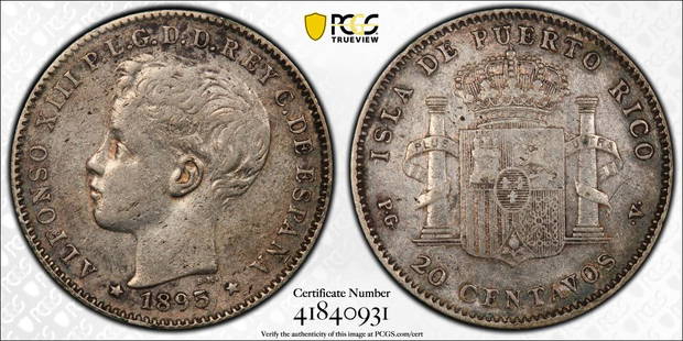 1895-PG V 20C KM-22 Puerto Rico)PCGS#41840931: PCGS CERT VERIFICATION #41840931. Grade XF40, 1895-PG V 20C KM-22