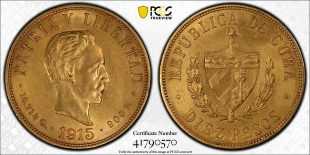 1915 10 Peso GOLD (CUBA) AU: PCGS CERT#41790570. Genuine AU Details (Harshly Cleaned), 1915 10 Peso GOLD (CUBA), GOLD