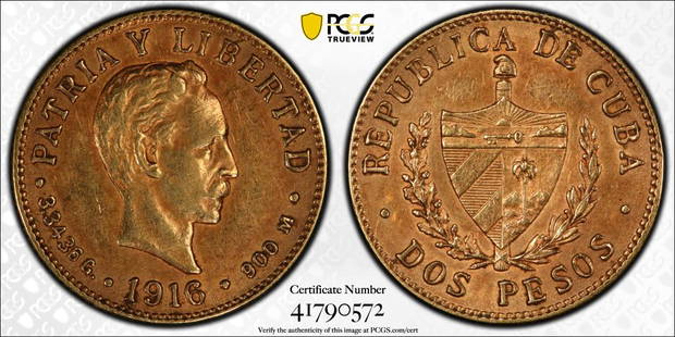 1916 2 PESO (GOLD) (CUBA) AU55: PCGS CERT#41790572. Grade: AU55, 1916 2 PESO (GOLD) (CUBA), GOLD