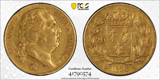 1820-A 20 FRENCH GAD -1028 (GOLD): PCGS CERTIFICATE# 41790574. Grade: AU53, 1820-A 20 FRENCH GAD -1028(GOLD), GOLD