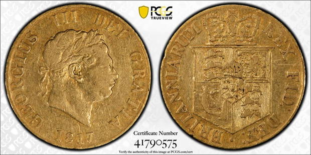 1817 1/2 SOV S-3786 (GREAT BRITIAN)(GOLD): PCGS CERTIFICATE #41790575. Grade VF35, 1817 1/2 SOV S-3786 (GB) VF35, GOLD