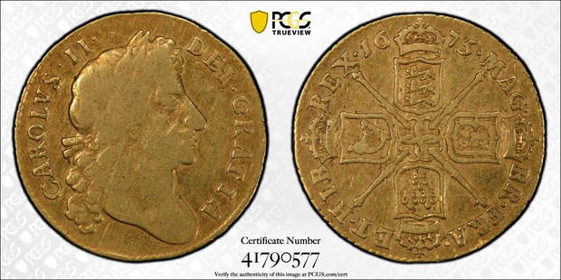 1675 GUINEA (S-3344)(GREAT BRITIAN) (GOLD): PCGS CERT#41790577. Grade: F15, 1675 GUINEA (S-3344)(GREAT BRITIAN), GOLD