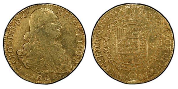 1806-NR JJ 8 ESC CALICO-89 (COLOMBIA)(GOLD): PCGS CERT# 41790578. Grade: Genuine VF Details (98 - Damage), 1806-NR JJ8 ESC CALICO-89 (COLOMBIA), GOLD