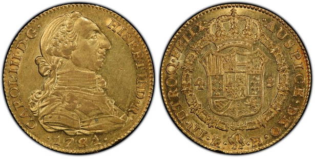 1781 M PJ 4 ESC CALICO-306 (SPAIN)(GOLD): PCGS CERT #41790579. Grade: AU58, 1781 M PJ 4 ESC CALICO-306 (SPAIN), GOLD