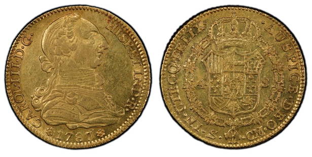 1787/6-S CM 4 ESC (SPAIN) (GOLD): PCGS CERT #41790580. Grade: AU55, 1787/6-S CM 4 ESC (SPAIN), GOLD