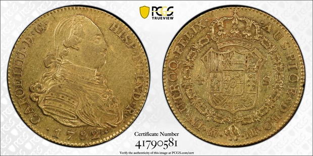 1792-M MF 4 ESC (SPAIN)(GOLD): PCGS CERT #4179058. Grade: AU50, 1792-M MF 4 ESC (SPAIN)(, GOLD