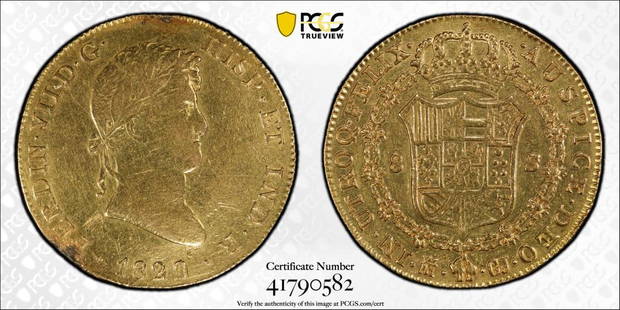 1820-M GJ 8 ESC CALICO 1776 (SPAIN)(GOLD): PCGS CERT #41790582. Grade:: Genuine XF Details (98 - Damage), 1820-M GJ 8 ESC CALICO 1776 (SPAIN), GOLD