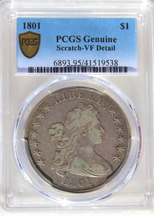 1801 $1 (USA) PCGS Cert# 41519538: PCGS Cert# 41519538. Grade: Genuine VF Details ( Scratch), 1801 $1 (USA) PCGS Cert# 41519538