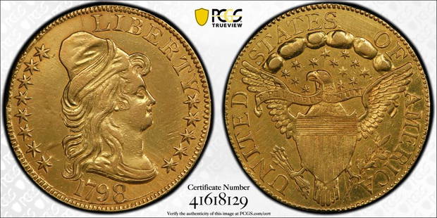 1798 $5 Large 8,13 Star Reverse, RARE, PCGS Cert#41618129 (REPAIRED): PCGS Cert# 41618129. Genuine XF Details (REPAIRED) USA (Rare) 150-200 Known, 1798 $5 Large 8,13Stars Reversed.