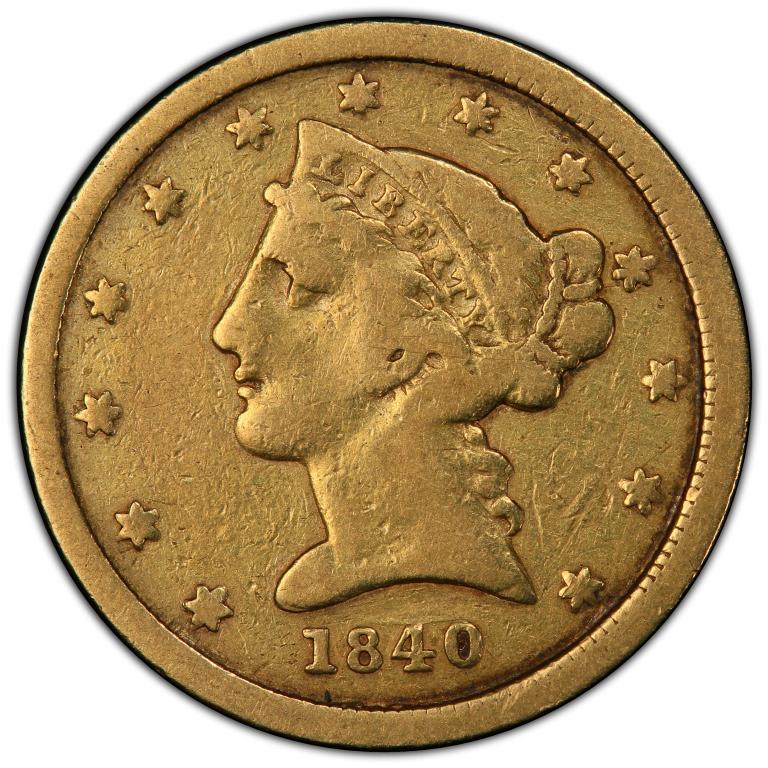 1840-C $5 USA (GOLD) VGPCGS#41587493: PCGS#41587493, Genuine Very Good Detail, 92-clean,Scarce, 1840-C $5 USA (GOLD) VG, GOLD