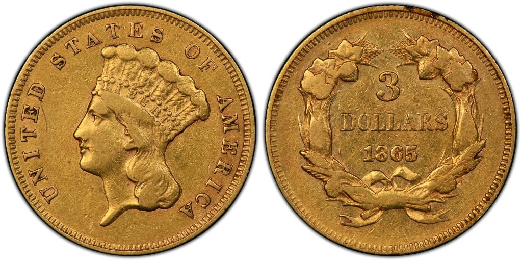 1865 $3 USA (gold) XF PCGS#41587494: PCGS#41587494, Genuine XF Detail,98-Damage, Scarce, 1865 $3 USA (gold) XF, GOLD
