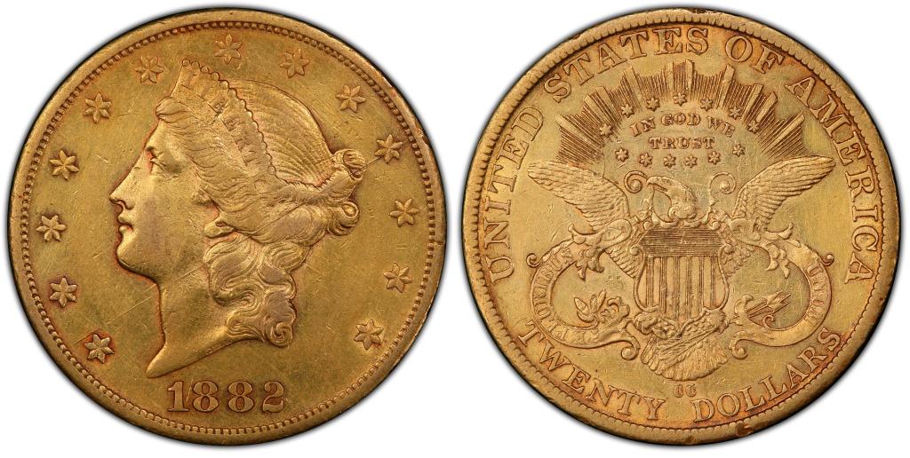 1882-CC $20 USA (gold) VG PCGS#41587498 (Scratch): PCGS#41587498, Genuine XF Detailed, scratch, 1882-CC $20 USA (gold) VG, GOLD