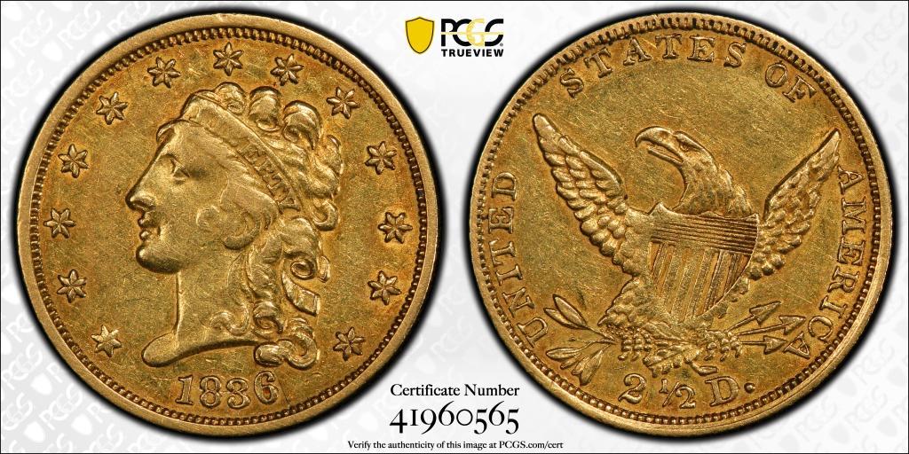 2 1/2 gold coin, dated1836 Block 8 PCGS# 41960565: PCGS CERT# 41960565, GOLD