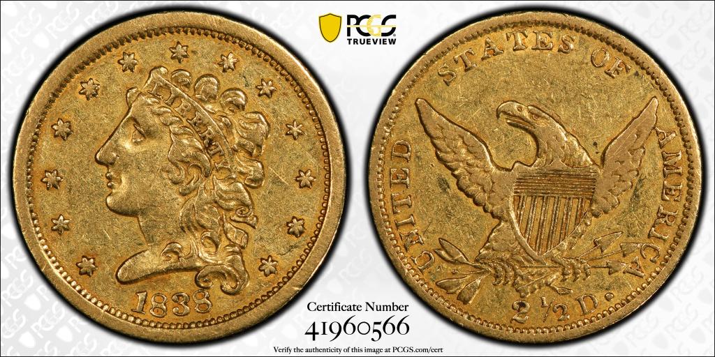 $2 1/2 Gold coin, dated 1838 PCGS# 41960566: PCGS CERT# 41960566, GOLD