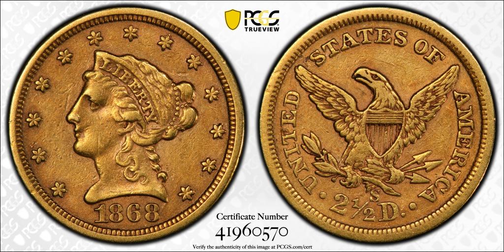 $2 1/2 gold coin, dated 1868-S XF45 PCGS#41960570: PCGS CERT#41960570, $2 1/2 gold coin, dated 1868-S, GOLD