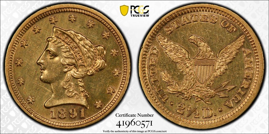 $2 1/2 gold coin, dated 1891 PCGS CERT#41960571 (CLEANED): PCGS CERT#41960571, GOLD