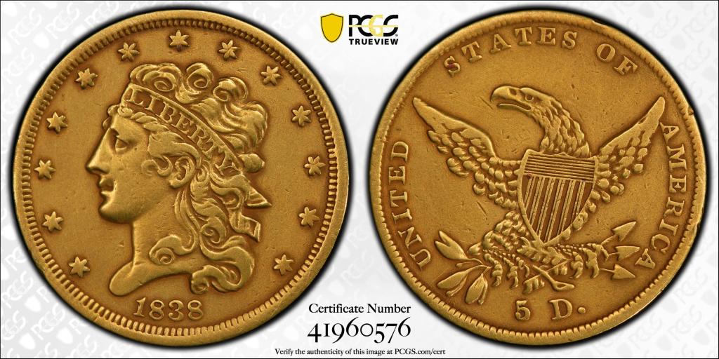 1838 $5 (Gold) PCGS CERT #41960576 XF (Smoothed): PCGS CERT #41960576, 1838 $5 (gold) XF