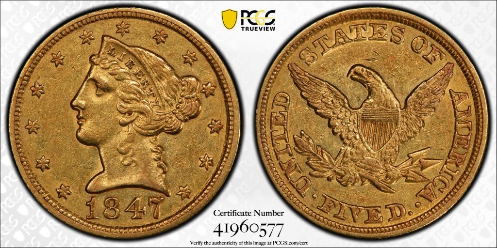 1847 $5 Gold PCGS CERT #41960577 AU50: PCGS CERT #41960577, 1847 $5 Gold AU50, GOLD