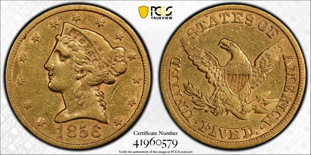 1856 $5 (gold) VF PCGS CERT #41960579: PCGS CERT #41960579, 1856 $5 (gold) VF