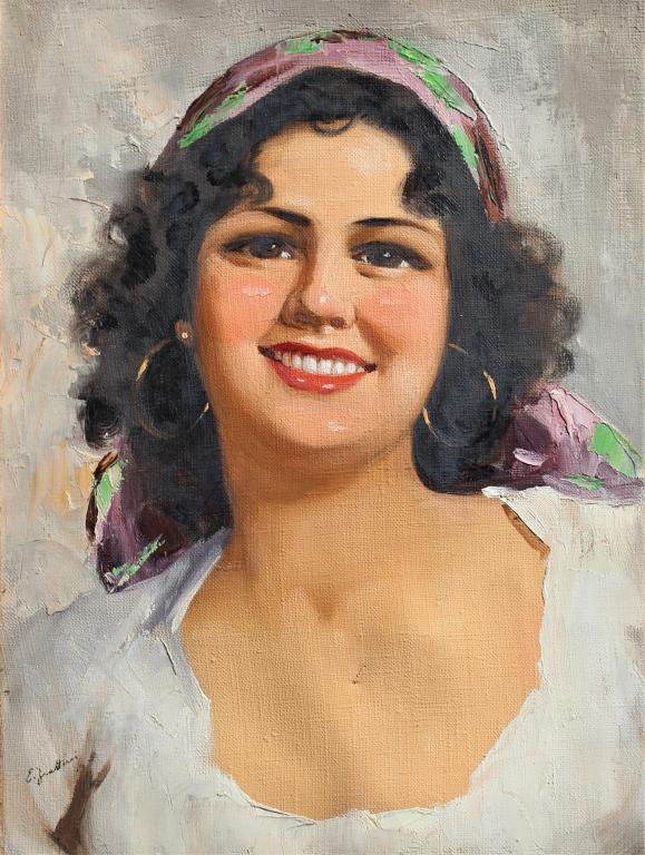 Illegible, Gypsy women: Illegible, Gypsy women. FR:22 x 18. Title: Gypsy women. Medium: Oil on Canvas. Size: 16 x 12 in. Signature: SLL. Artist: Illegible. Framed.
