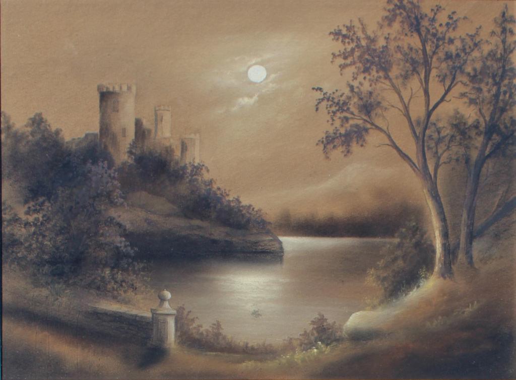 Bower, Moonlight castle: Bower, Moonlight castle. FR:22.5 x 27. Title: Moonlight castle. Medium: Pastel. Size: 14 x 19 in. Signature: SLR. Artist: Bower. Framed.