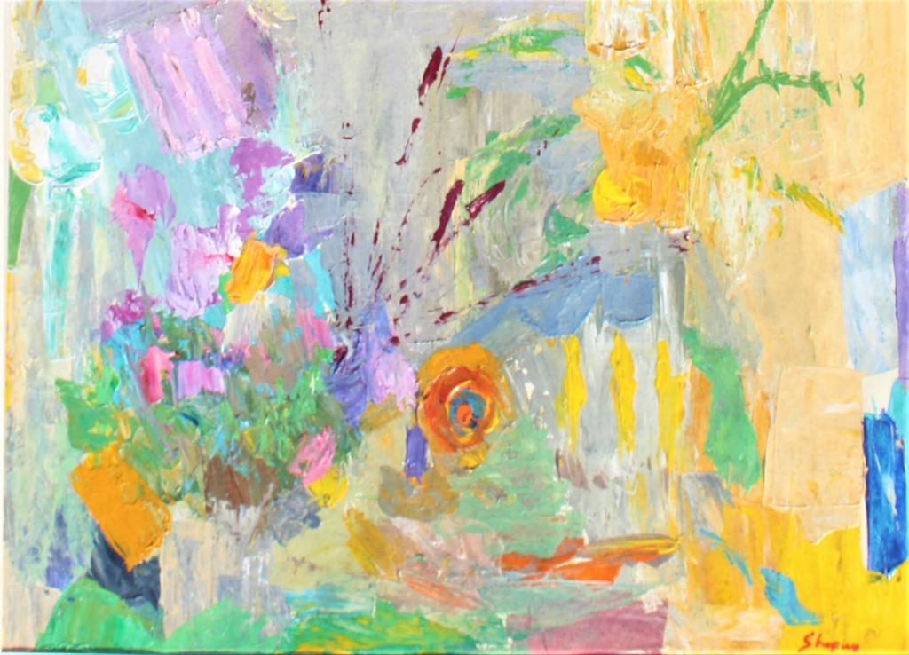 Shapiro, Semi abstract , flowers: Shapiro, Semi abstract , flowers. FR:21 x 27 Heavy Impasto. Title: Semi abstract, Flowers. Medium: Oil on Paper. Size: 16 x 22 in. Signature: SLR. Artist: Shapiro. Framed.