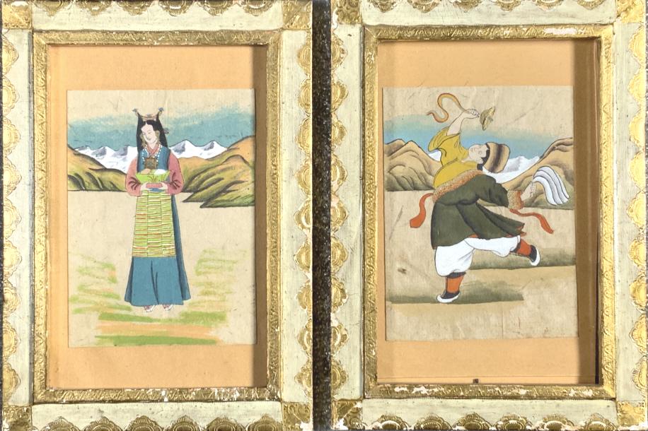 Pair of Tibetan, artwork , Hand print: Pair of Tibetan, artwork , Hand print. Stamp on verso: Hand Paper - Hand Print. Tibetan Refugee Self Help Center. Darjeeling (India), Frame size: 11 x 8. Title: Portraits. Medium: Gouache. Size: 6.50 