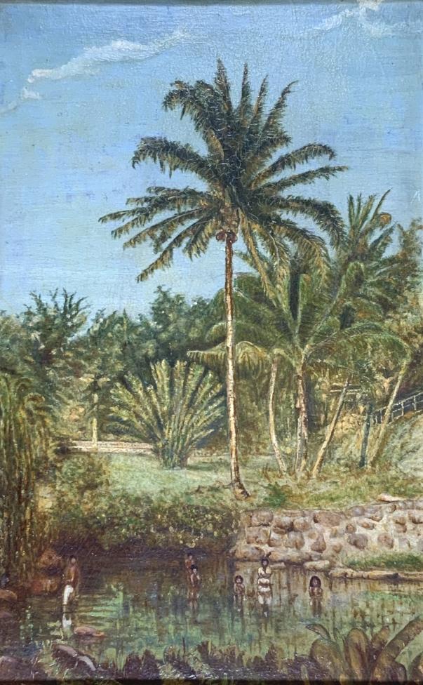 Palm trees, pacific area: Palm trees, pacific area. Victorian frame, people (family) in river, bathing, frame size: 18 x 25. Title: Bathing under the palm trees. Medium: Oil on Board. Size: 19 x 12 in. Framed.