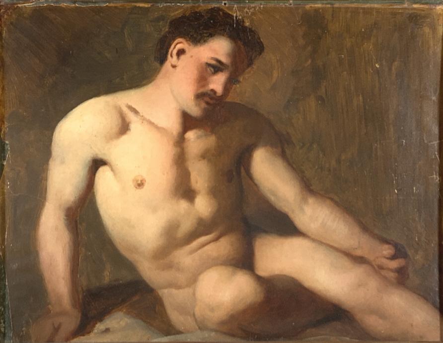 Nude male model study, sitting, oil painting: Nude male model study, sitting, oil painting. Frame size: 13 x 16.25. Title: Male nude model study. Medium: oil on paper on board. Size: 10.25 x 13.50 in. Framed.
