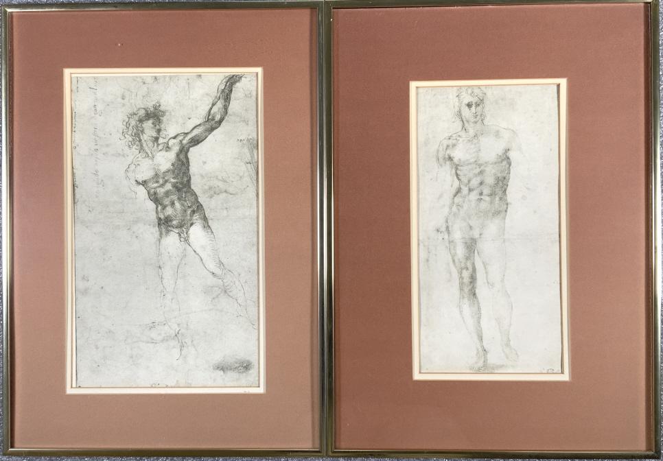 2 nude male study prints: 2 nude male study prints. Frame sizes same: 21.25 x 18.25. Title: 2 male nude studies. Medium: Print. Size: 14.50 x 9.50, 13 x 6.50 sight in. Framed. Offset litho