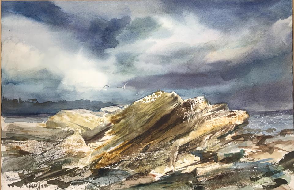 Mary Vining: Mary Vining. Probably Maine, she painted along the coastline frame size: 20.50 x 27.75. Title: Rocky coastline. Medium: Watercolor. Size: 13,75 x 20.75 in. Signature: SLR. Artist: Mary Vining. Framed.