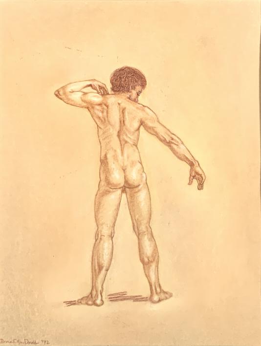 Bruce T. Mac Donald.Nude male study draawing: Bruce T. Mac Donald.Nude male study draawing. No glass or frame. Mat size: 18 x 14. Title: Standing Nude Male study. Medium: Conte crayon. Size: 13.50 x 10.50 sight in. Signature: SLL. Artist: Bruce T