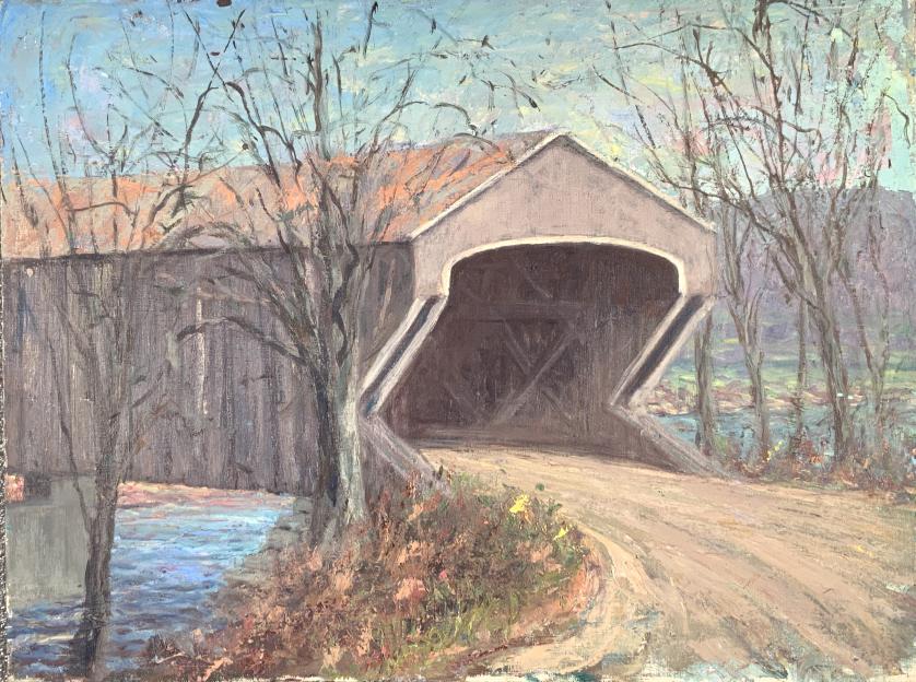 Harry Hoffman, Covered bridge: Harry Hoffman, Covered bridge. Harpyard falls. Title: Covered Bridgeb. Medium: Oil on Canvas. Size: 18 x 24 in. Signature: Estate stamp on verso. Artist: Harry Hoffman. Unframed.