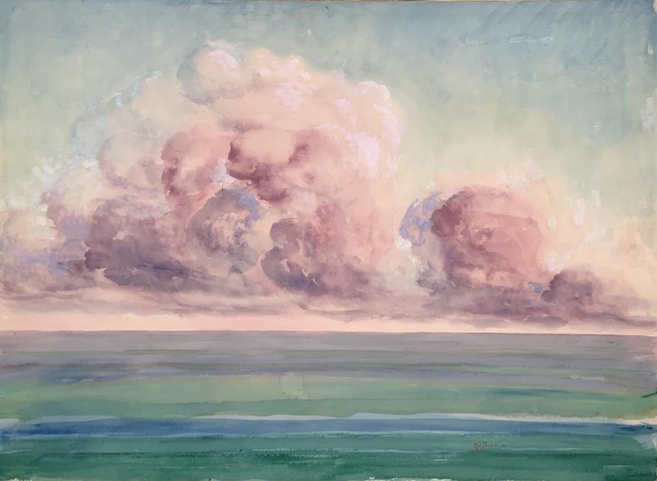Harry Hoffman, Billowing Clouds over the ocean: Harry Hoffman, Billowing Clouds over the ocean. . Title: Billowing Clouds. Medium: Watercolor. Size: 22 x30 in. Signature: SLR. Artist: Harry Hoffman. Unframed.