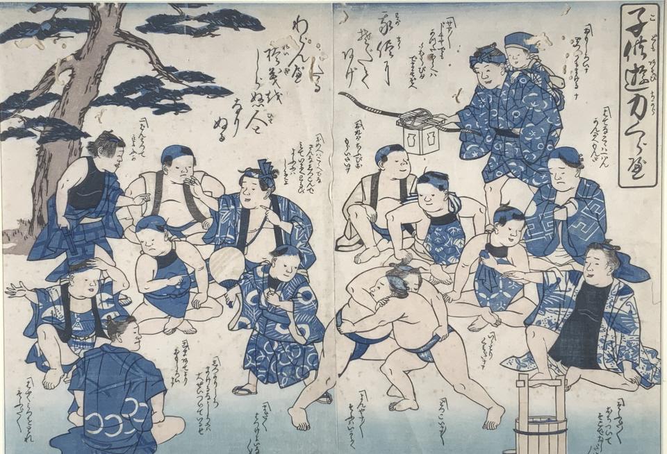 Sumo Wrestlers, Japan Woodblock, Print diptych (1 of 9)