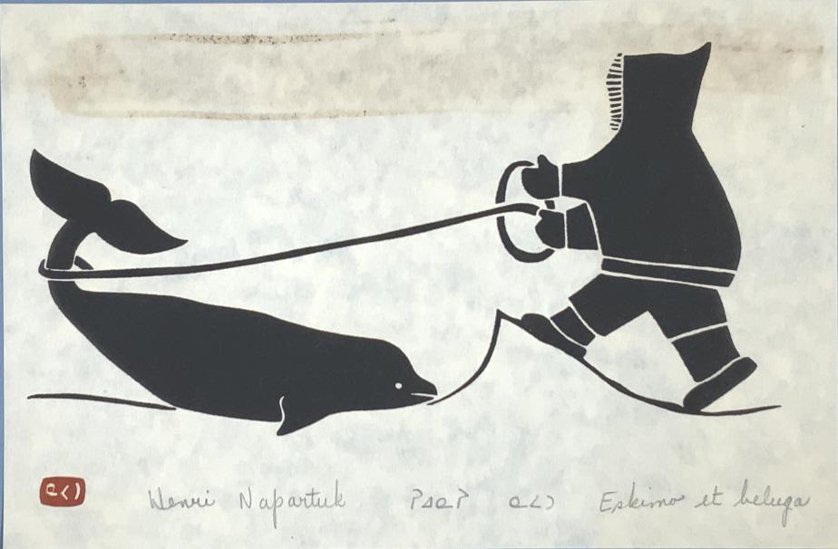 Henri Napartul, Eskimo et Beluga: Henri Napartul, Eskimo et Beluga. Paper size: 7.25 x 10. Title: Eskimo et Beluga. Medium: Wood block. Size: 6.25 x 9.25 in. Signature: SLL. Artist: Henri Napartuk. Unframed.